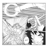 a comic page with an image of a woman holding a sword