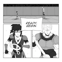 a comic page with two characters and a sword